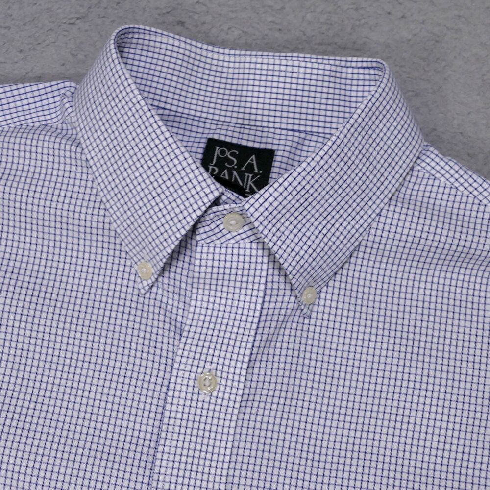 Jos A Bank Traveler Shirt Mens 16.5-34 Blue Micro Check Button Down Long Sleeve